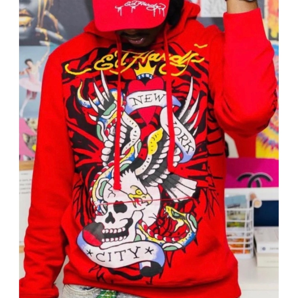 Ed Hardy Authentic NYC Eagle Skull Red Hoodie Vintage Streetwear  Men's Small